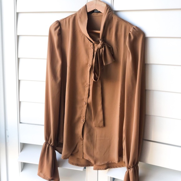 Trumpet Sleeve Tie Neck Blouse - Picture 1 of 7